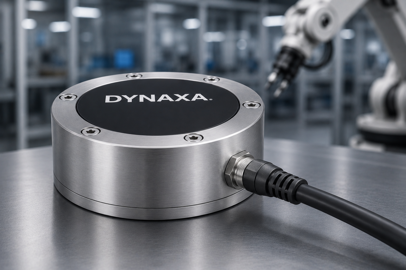 Dynaxa six-axis force/torque sensor with M12 connector beside a robotic arm
