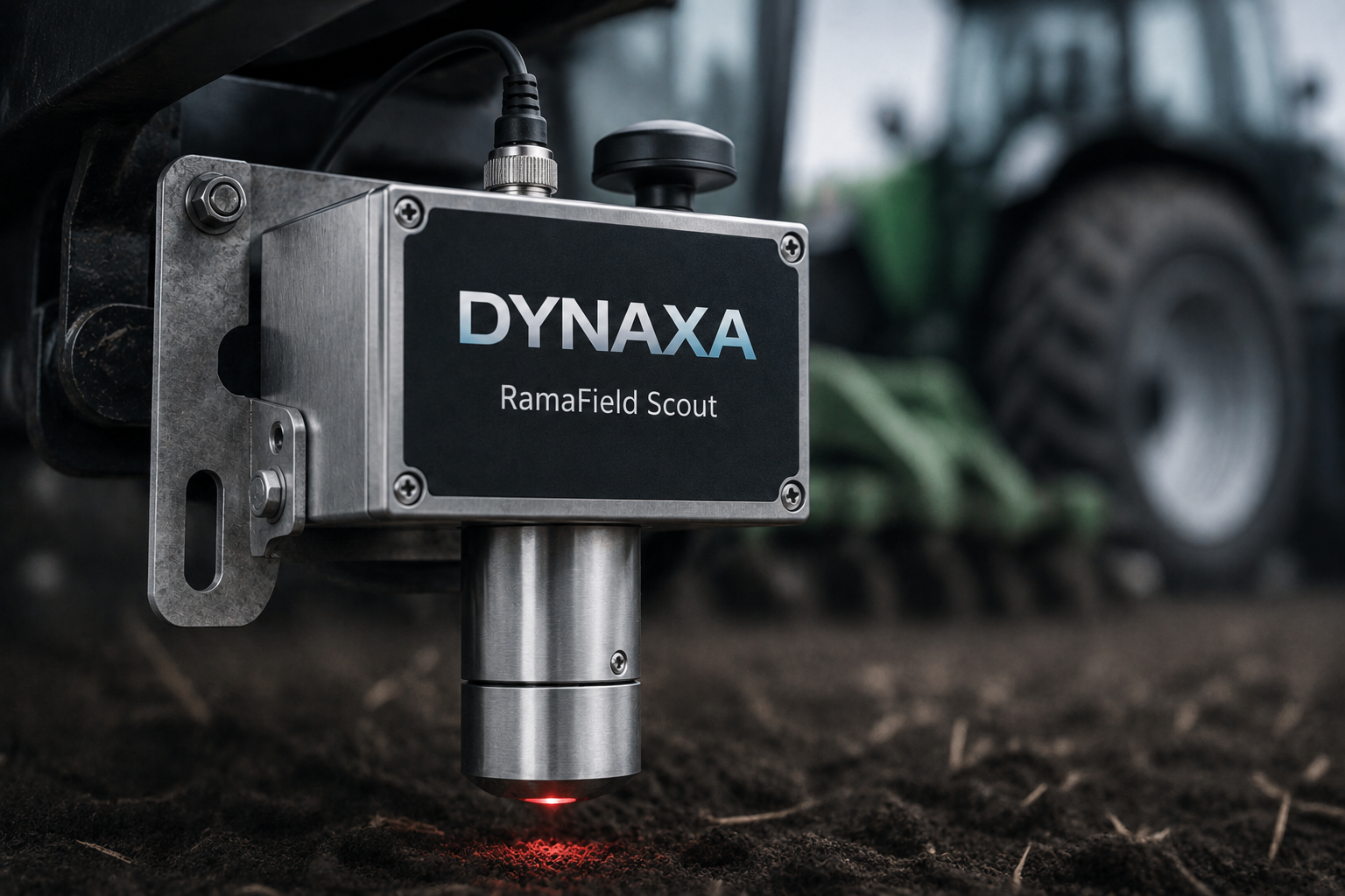 Dynaxa RamaField Scout field Raman spectroscopy unit reading soil on a tractor implement