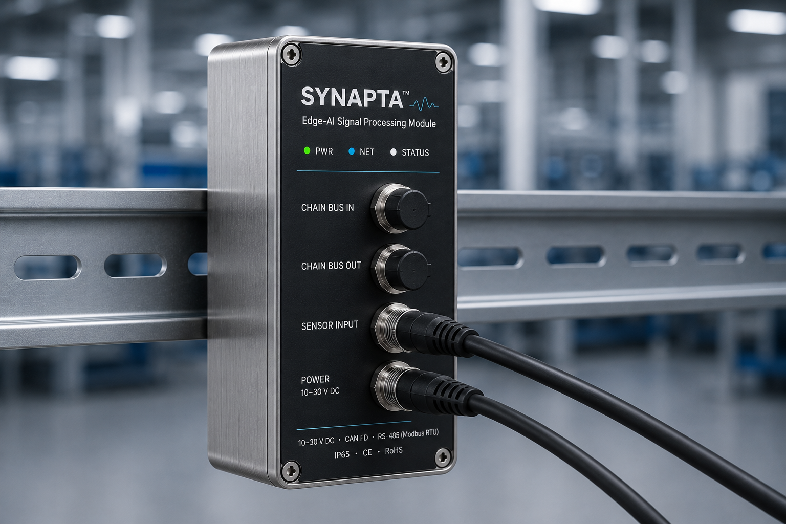 Synapta edge-AI signal processing module mounted on a DIN rail with M12 connectors